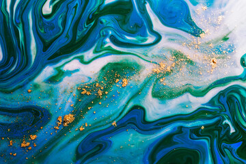 Acrylic abstract blue green background.Fluid art tidewater green toned.