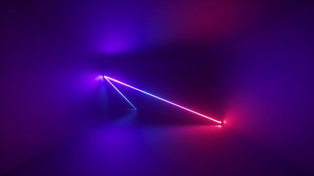 3d abstract neon background, glowing line pink blue moving inside long dark tunnel slow motion. Ultraviolet light illumination. Laser ray path, chaotic ricochet track, lighting beam