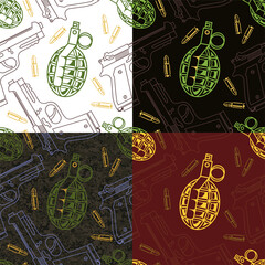 Hand grenade with ammo and guns on urbanistic camouflage background, vector seamless patterns set - 408631058
