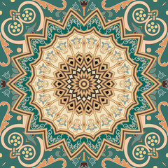 Vintage floral seamless pattern. Vector ornamental old style background. Repeat Damask backdrop. Patterned mandala. Beautiful arabesque ornaments. Ornate flowers, leaves, mandalas, zigzag lines