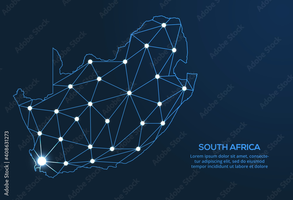 Poster south africa communication network map. vector low poly image of a global map with lights in the for