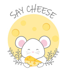 Say Cheese cute mouse eating cheese vector. 