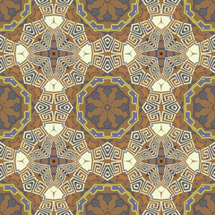 Greek arabesque style seamless pattern. Geometric colorful background. Vector repeat patterned arabic backdrop. Abstract ornaments with borders, frames, greek key, meanders, geometric shapes, flowers