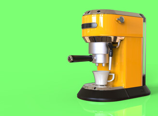 A yellow espresso coffee machine on green background. 3D render.