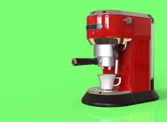 A red espresso coffee machine on green background. 3D render.