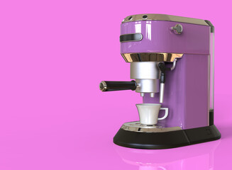 A lilac espresso coffee machine on pink background with space for text. 3D render.