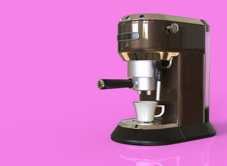 A brown espresso coffee machine on pink background with space for text. 3D render.