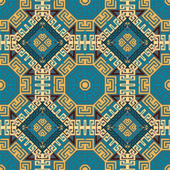 Greek tribal ethnic style seamless pattern. Geometric colorful background. Vector repeat patterned backdrop. Abstract ornaments with borders, frames, greek key, meanders, geometric shapes, rhombus