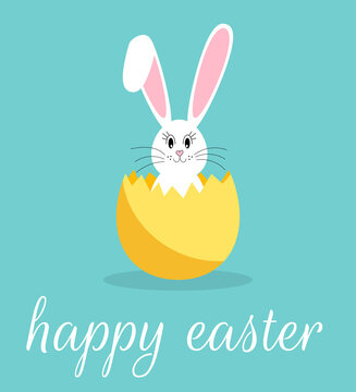 Cute white rabbit in eggshell, colorful Happy Easter poster vector image on a green background
