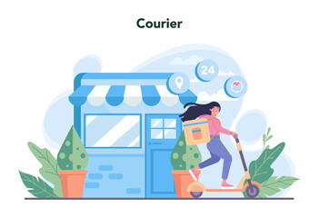 Delivery service. Courier in uniform with box from the truck.