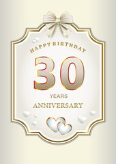 Obraz premium 30 years anniversary, greeting card with hearts in an elegant curly frame with bow, festive background, vector design for celebration, invitation, congratulation