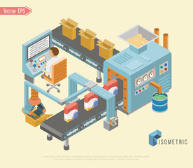 Obraz premium Isometric industrial factory horizontal banners with automated lines of production assembly and packaging processes vector illustration