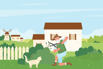 Gardener cutting green bush hedge vector illustration. Cartoon elderly senior man character trimming lawn, working in summer garden or park, holding pruning shears trimmers to trim greenery background