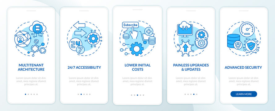 SaaS Benefits Onboarding Mobile App Page Screen With Concepts. Multi-tenant Architecture, Initial Costs Walkthrough 5 Steps Graphic Instructions. UI Vector Template With RGB Color Illustrations