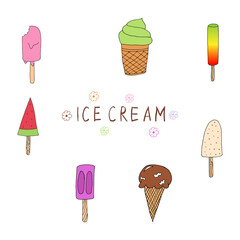 Hand drawn Ice cream food isolated on white background. Ice cream set Vector illustration in doodle style. Freehand drawing