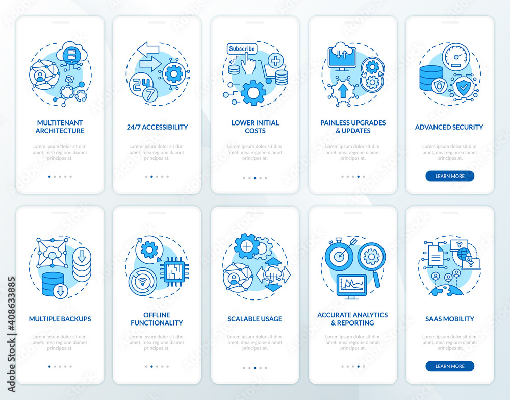 Poster software-as-service advantages onboarding mobile app page screen with concepts set. updates, functio