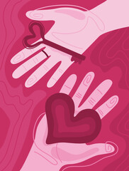 Vector illustration with abstract hands of a man and a woman. A man offers his heart, and a woman a key to her heart. Abstract poster, banner for your design or interior