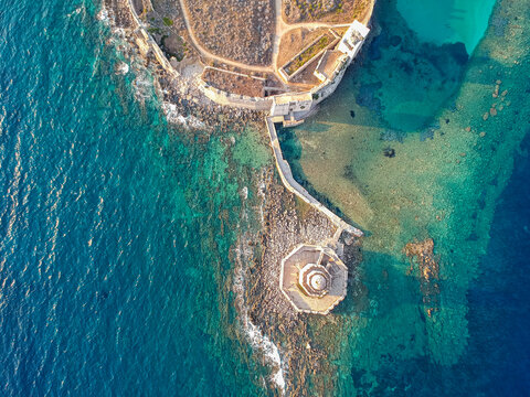 Aerial view over Methoni Castle and the fortified city in Methoni, Messenia, Greece