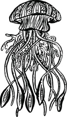 Line Art Cartoon Jellyfish Octopus Deep Sea Creatures Vector