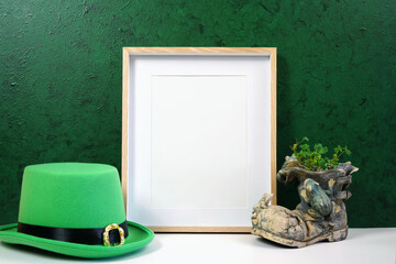 Happy St Patrick's Day vertical wood border picture frame, styled with leprechaun hat, shamrocks,...