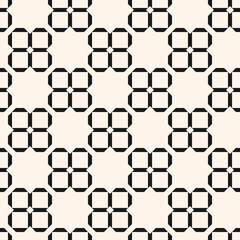 Vector geometric seamless pattern with square shapes, lines, grid, net, mesh, lattice, flower silhouettes. Simple black and white geometrical background. Abstract monochrome texture. Repeated design