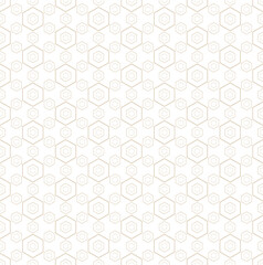 Golden minimalist vector seamless pattern. Simple delicate geometric texture with small linear hexagons. Subtle modern gold and white minimal background. Luxury repeat design for print, decor, wrap
