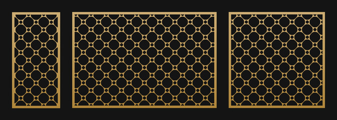 Laser cut panel collection. Vector template with abstract geometric pattern, thin circular grid, mesh, net, lattice ornament. Stencil for laser cutting of wood, metal. Aspect ratio 1:2, 3:2, 1:1