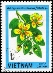 Postage stamp issued in the Vietnam with the image of the Cassia fistula. From the series on...