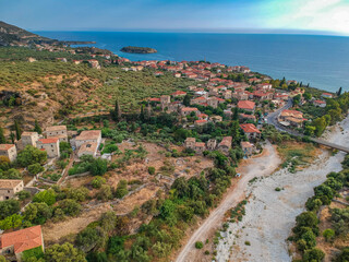 Fototapeta na wymiar Aerial view of the wonderful seaside village of Kardamyli, Greece located in the Messenian Mani area. One of the most beautiful places to visit in Greece, Europe