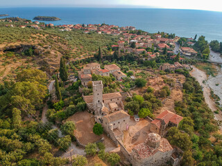 Fototapeta na wymiar Aerial view of the wonderful seaside village of Kardamyli, Greece located in the Messenian Mani area. One of the most beautiful places to visit in Greece, Europe