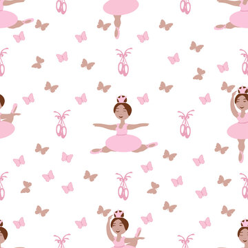 vector seamless pattern with images of small ballerinas, Pointe shoes and butterflies on a white