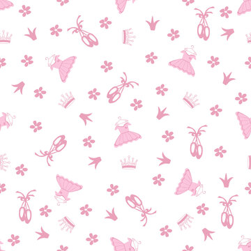 vector seamless pattern  with the image of a girl's dress, ballet pointe shoes and crowns