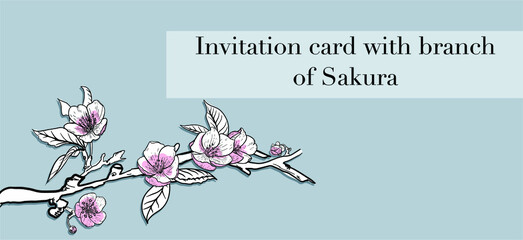 An invitation card with a cherry blossom branch on a gray background. Wedding invitations, holiday invitations.