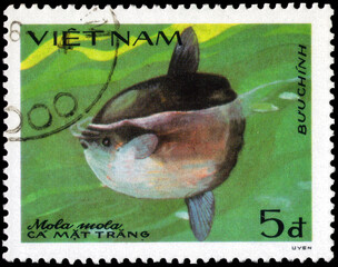Postage stamp issued in the Vietnam with the image of the Ocean Sunfish, Mola mola. From the series...