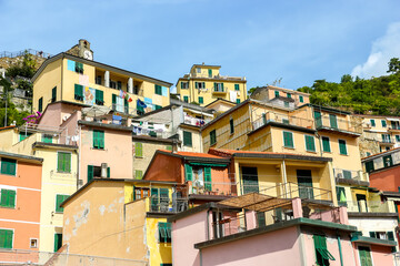Fototapeta na wymiar Riomaggiore, Italy. Beautiful architecture of small mediterranean village Riomaggiore.