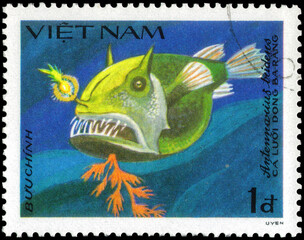 Postage stamp issued in the Vietnam with the image of the Striated Frogfish, Antennarius tridens....