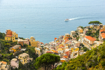 Beautiful view of Riomaggiore, a village in province of La Spezia, Liguria, Italy.