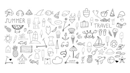 Fototapeta na wymiar Summer set. Doodle beach elements. Set of summer hand drawn icons on white background. Vector illustration with random elements. Design for prints and cards.