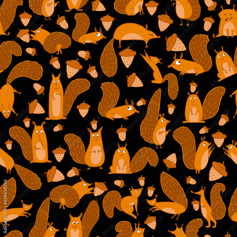 Poster funny squirrels with nut, seamless pattern