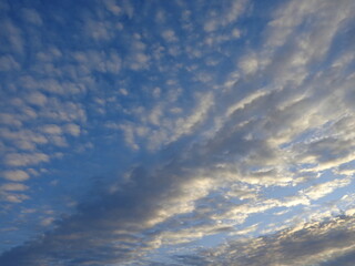 Beautiful evening sky, white clouds, backlit by the setting sun.
