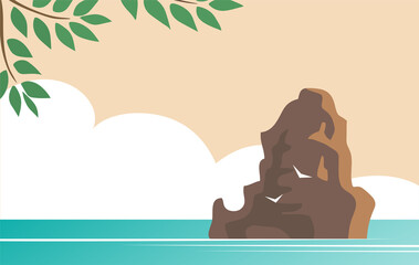 Summer seascape with rock, tree and seagulls. The beauty of the wild. Vector cartoon illustration for background.