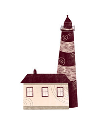 Lighthouse on white isolated background. Hand-drawn illustration