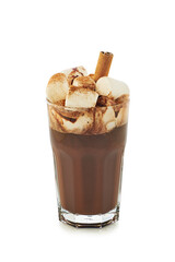 Glass of hot chocolate with marshmallow and cinnamon stick on white