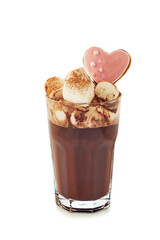 Hot chocolate with marshmallow and heart shaped cookie on white