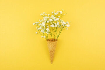 Branches of white gypsophila in a waffle cone as a sign of coming spring