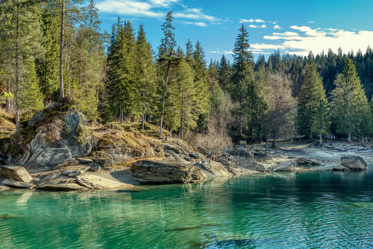 Beautiful mountain lake Caumasee (Caumasee or Lag la Cauma), a colorful lake with turquoise water in the Swiss Alps. Flims, Switzerland
