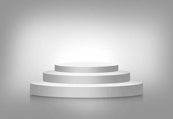 A 3D illustration render of an abstract white round triple podium stage in a blank studio