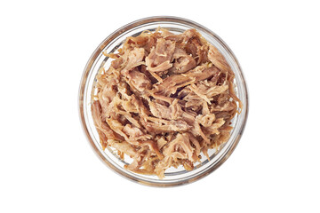 Glass bowl with pulled pork on white