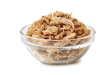 Glass bowl with pulled pork on white