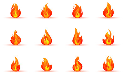 Flame forms and icons. Cartoon campfire different shapes isolated on a white background. Vector illustration